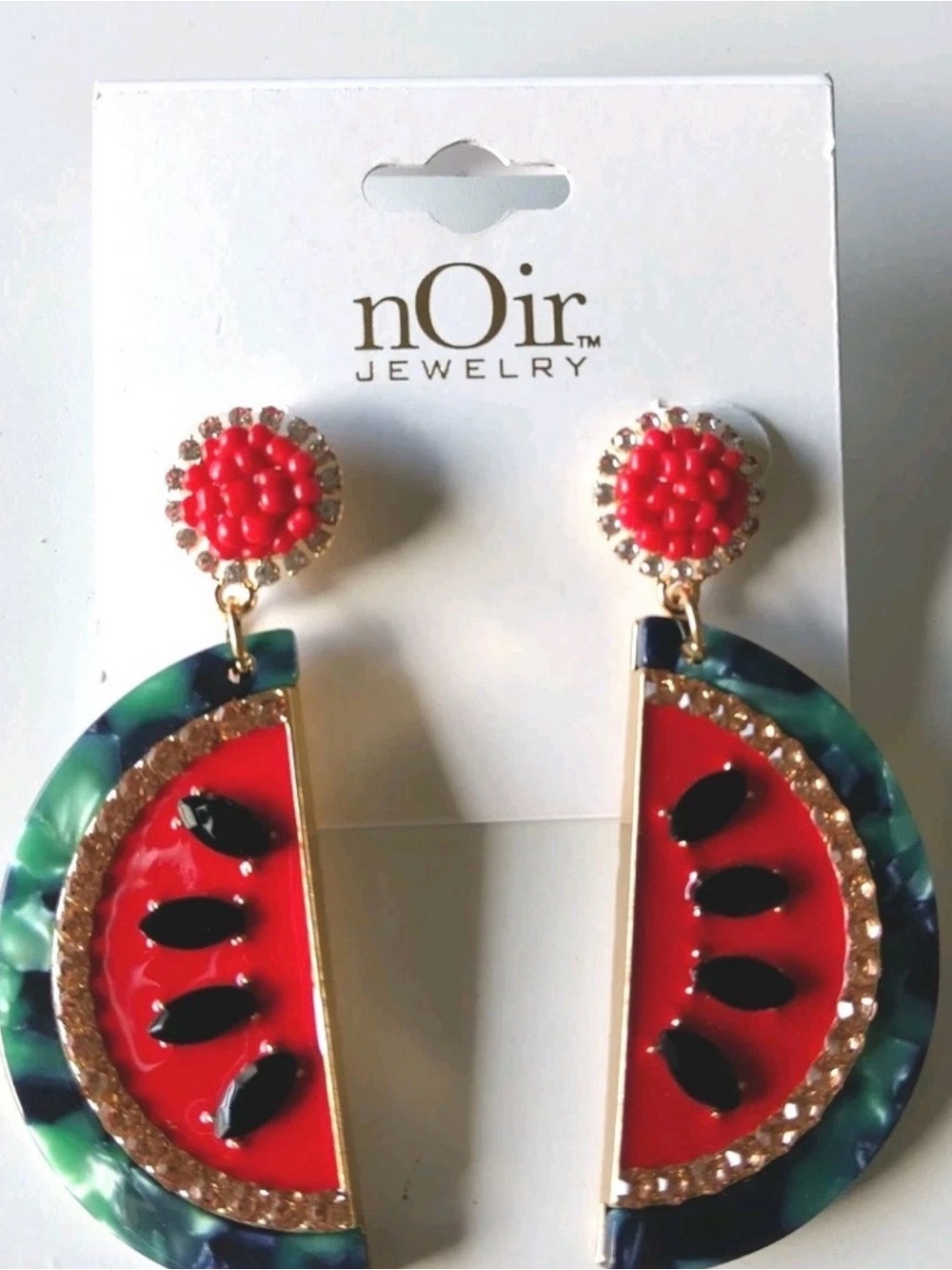 #3060**nOir Jewelry Red, Green & Black Watermelon Slice Drop Earrings